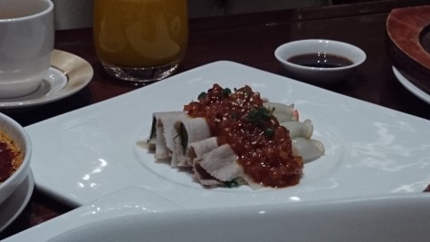 Thinly sliced pork belly with Sichuan garlic sauce