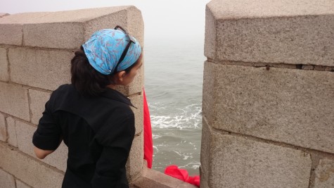 Cindy peers out over the end of the wall